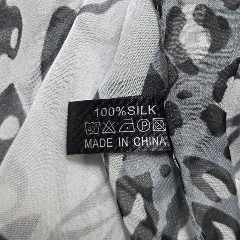 Noxiya Silk Scarf Gray Leopard Floral Print Sheer OS Luxury, Wrap, Lightweight